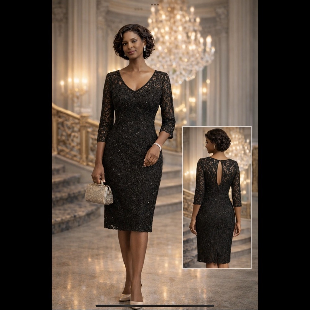 Carmen Marc Valvo Black Lace Sheath Dress Size 4 MOB MOG Evening